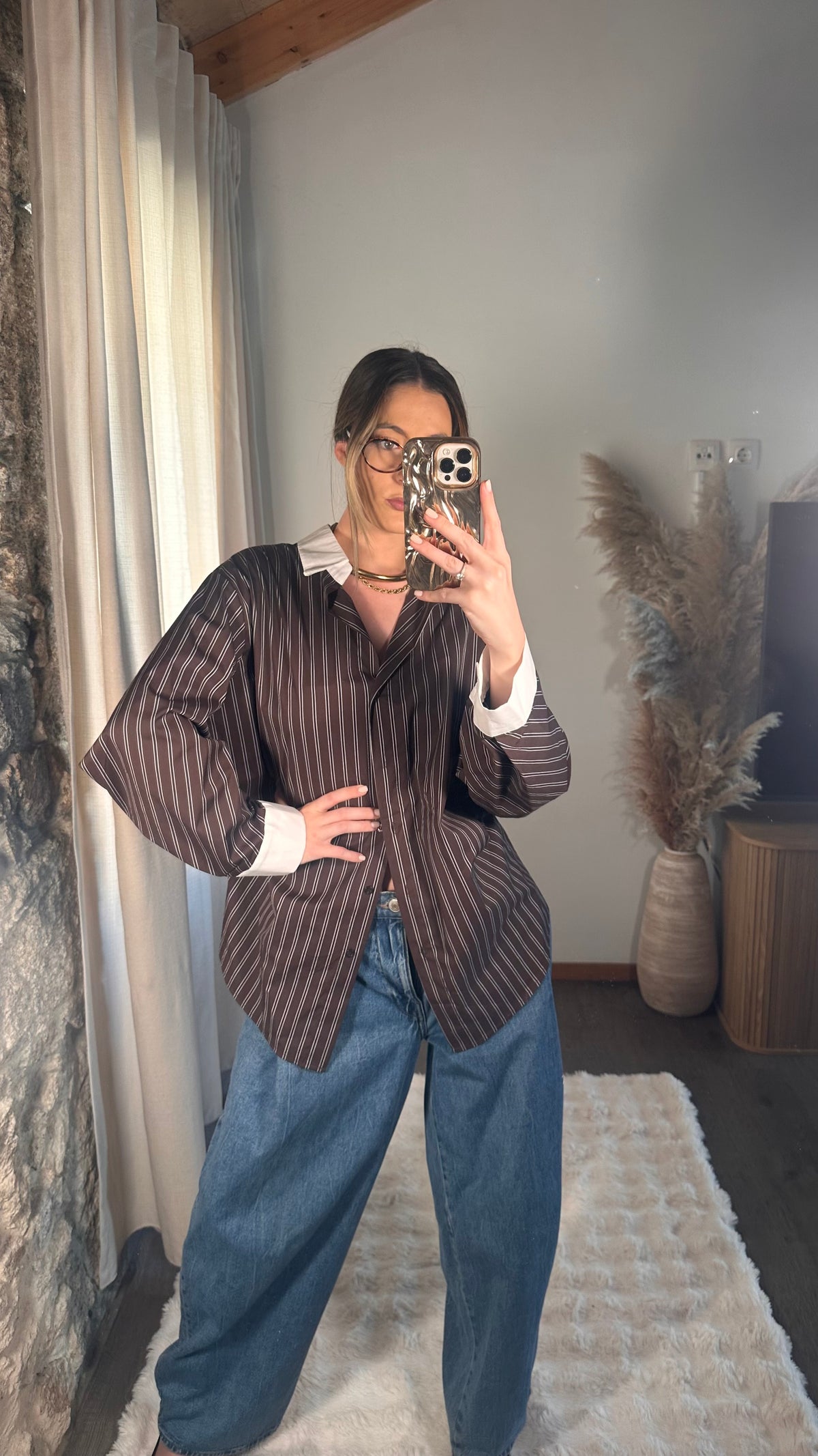 Camisa Oversize às Riscas Castanha
