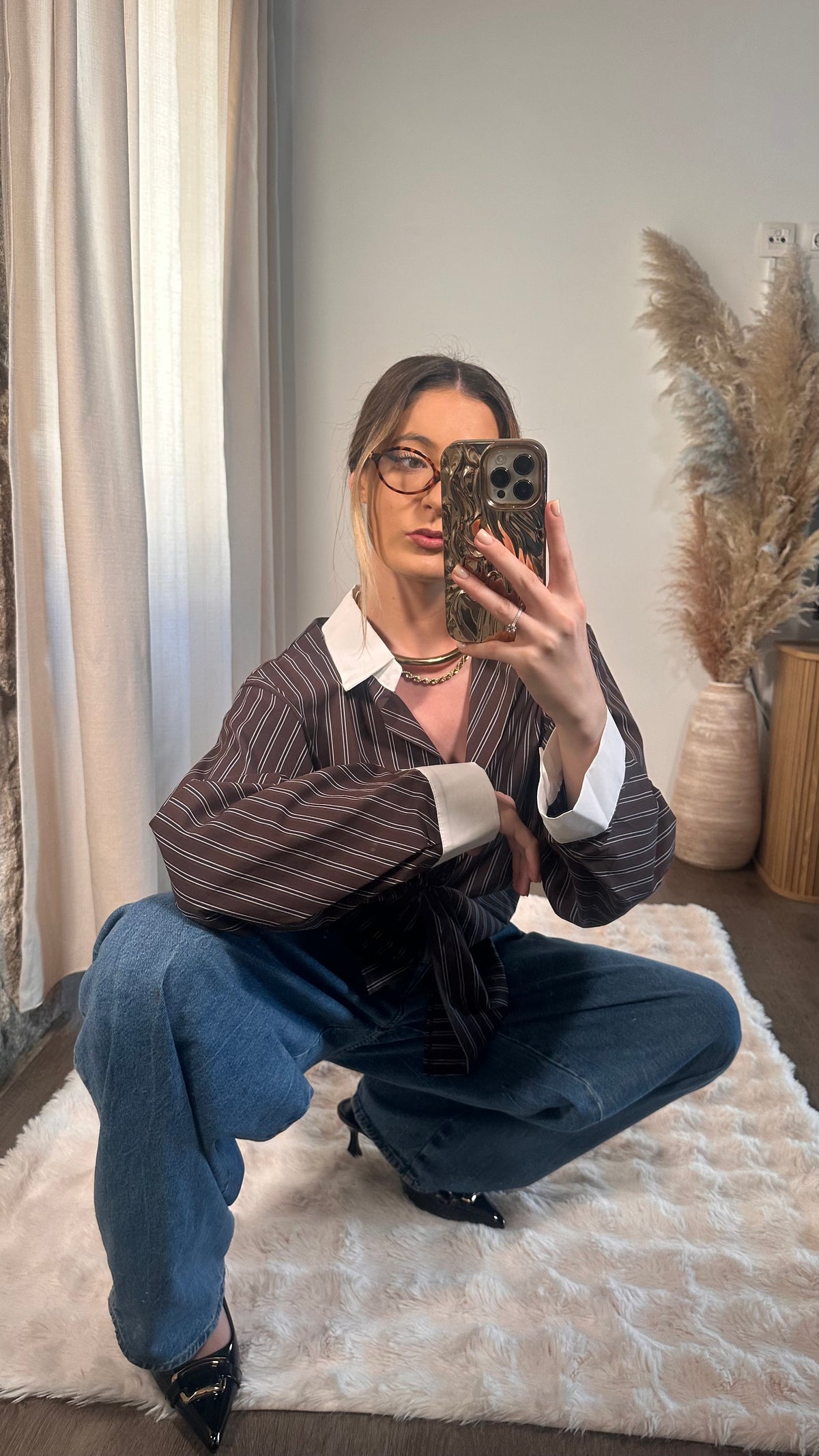 Camisa Oversize às Riscas Castanha