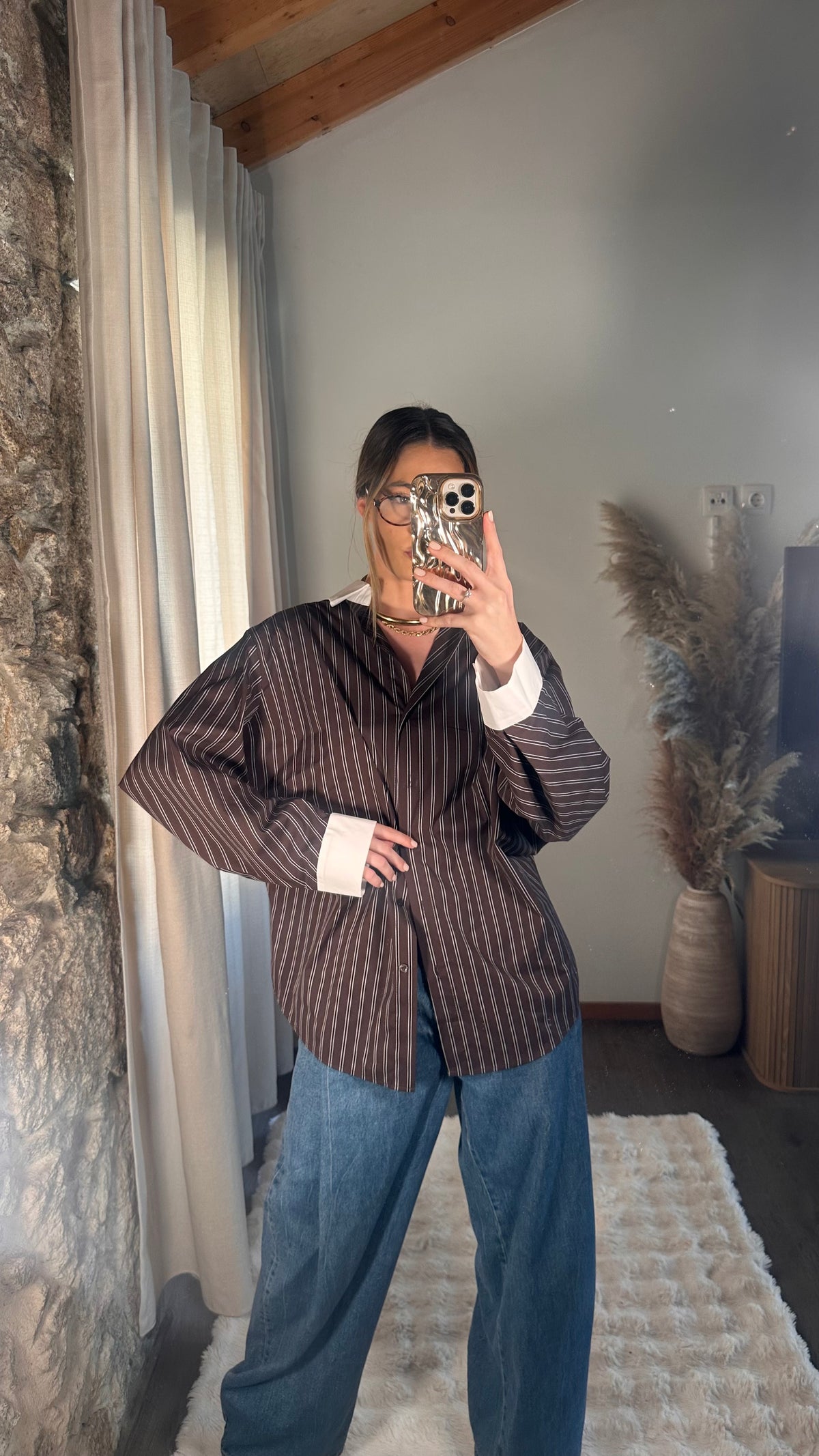 Camisa Oversize às Riscas Castanha