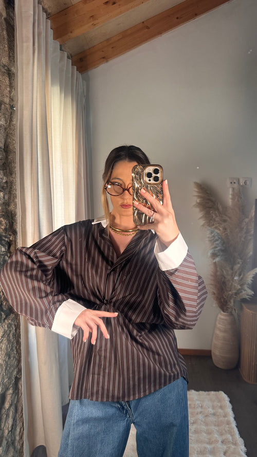 Camisa Oversize às Riscas Castanha