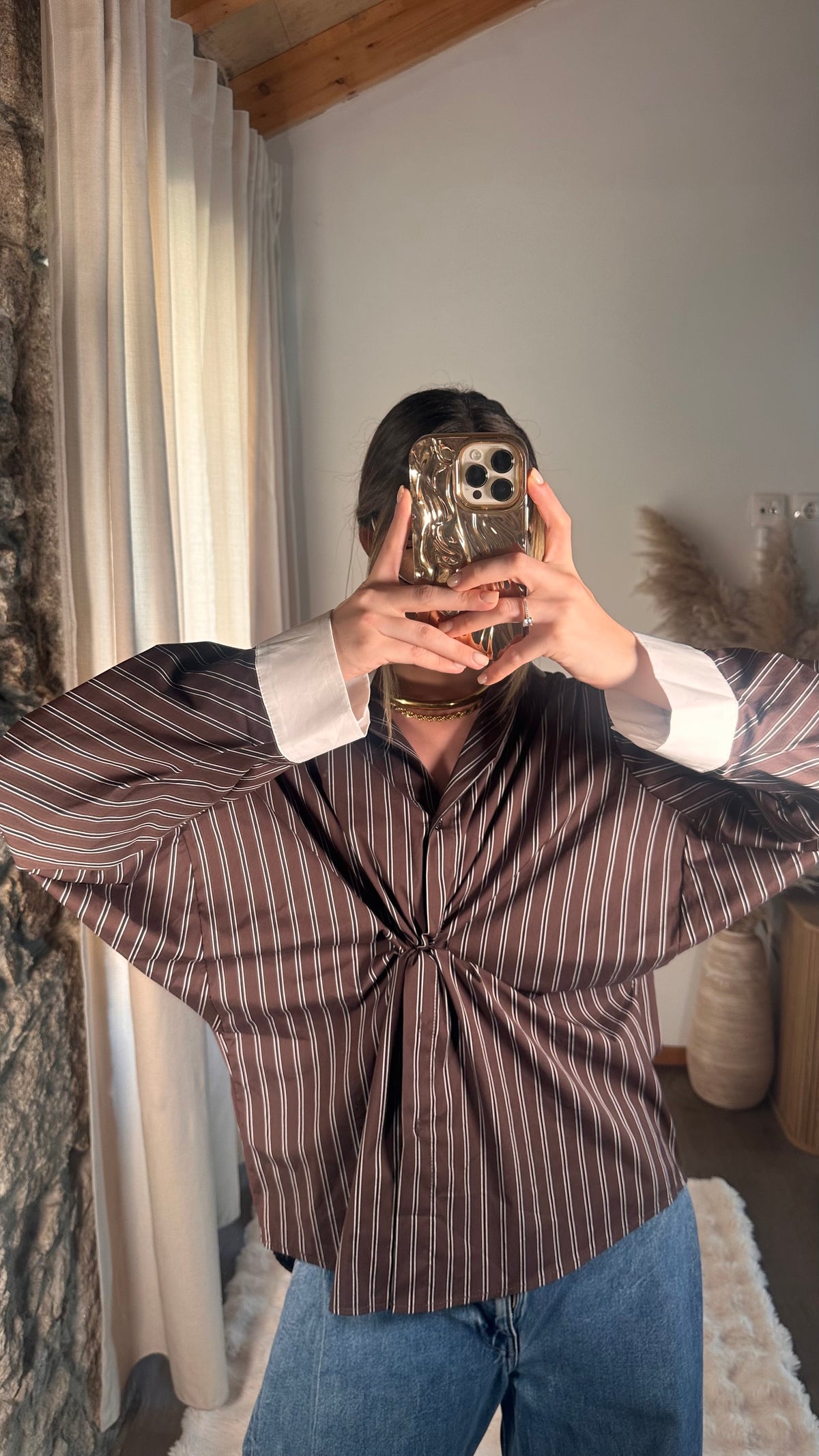 Camisa Oversize às Riscas Castanha